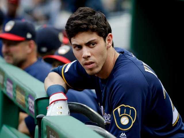 Brewers' outfielder Christian Yelich looks on, irritated