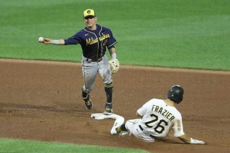 Luis Urias helps to turn a double play against the Pittsburgh Pirates. (Photo courtesy of Charles LeClaire/USA TODAY Sports)