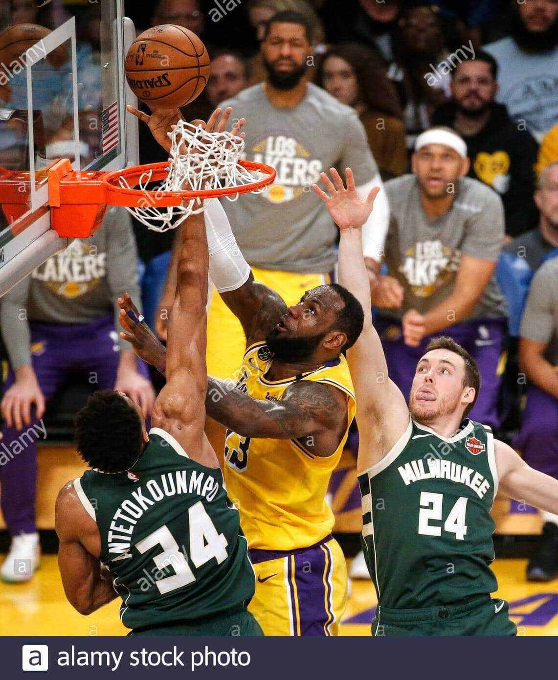 los angeles california usa 6th mar 2020 los angeles lakers lebron james 23 shoots against milwaukee bucks giannis atetokounmpo 34 and pat connaughton 24 during an nb