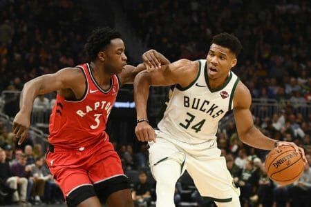 MILWAUKEE, WISCONSIN - NOVEMBER 02: Giannis Antetokounmpo #34 of the Milwaukee Bucks is defended by OG Anunoby #3 of the Toronto Raptors during a game at Fiserv Forum on November 02, 2019 in Milwaukee, Wisconsin. NOTE TO USER: User expressly acknowledges and agrees that, by downloading and or using this photograph, User is consenting to the terms and conditions of the Getty Images License Agreement. (Photo by Stacy Revere/Getty Images) - NBA Rumors