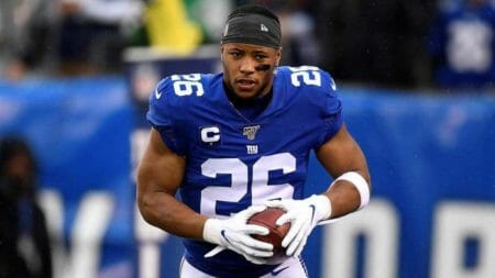 EAST RUTHERFORD, NEW JERSEY - DECEMBER 29: Saquon Barkley #26 of the New York Giants warms up prior to the game against the Philadelphia Eagles at MetLife Stadium on December 29, 2019 in East Rutherford, New Jersey. (Photo by Sarah Stier/Getty Images) NFL News