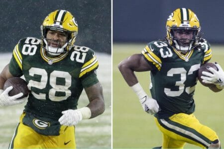 AJ Dillon (left) and Aaron Jones (right) will look to shoulder much of the workload Sunday against the Chiefs.