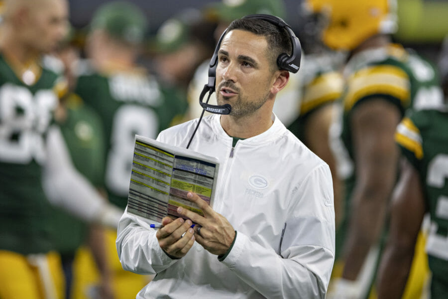 Green Bay Packers head coach Matt LaFleur stands on the sidelines during a game against the Dallas Cowboys.
