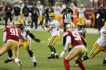 Green Bay Packers quarterback Aaron Rodgers throws the football during a game against the San Francisco 49ers.