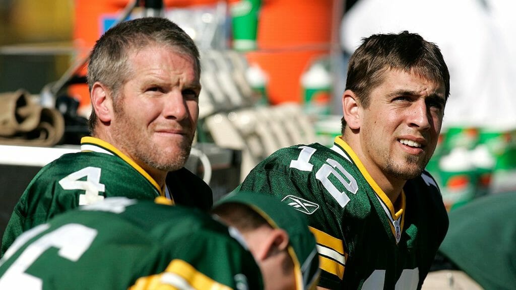 Brett Favre and Aaron Rodgers, two legendary quarterbacks for the Green Bay Packers
