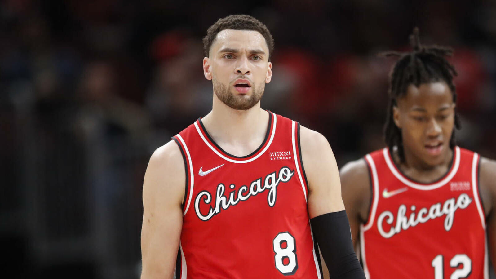 Mar 31, 2022; Chicago, Illinois, USA; Chicago Bulls guard Zach LaVine (8) reacts during the first half of an NBA game against the LA Clippers at United Center. Mandatory Credit: Kamil Krzaczynski-USA TODAY Sports (NBA Rumors, Milwaukee Bucks)