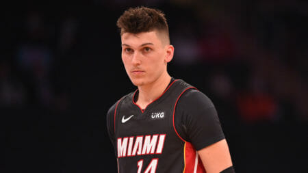 NEW YORK, NY - MARCH 29: Tyler Herro #14 of the Miami Heat looks on during a game against the New York Knicks on March 29, 2021 at Madison Square Garden in New York City, New York. NOTE TO USER: User expressly acknowledges and agrees that, by downloading and/or using this Photograph, user is consenting to the terms and conditions of the Getty Images License Agreement. Mandatory Copyright Notice: Copyright 2021 NBAE (Photo by Jesse D. Garrabrant/NBAE via Getty Images) (NBA Rumors, Damian Lillard, Milwaukee Bucks)