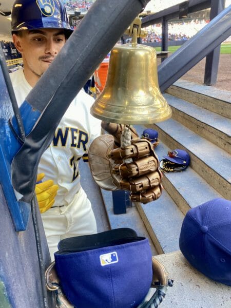 Willy Adames rings the Home Run Bell with the Infinity Gauntlet