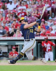Hunter Renfroe and Tyrone Taylor are returning from injury in time for San Francisco. Here Brewers Renfroe is at bat connecting with the pitch.