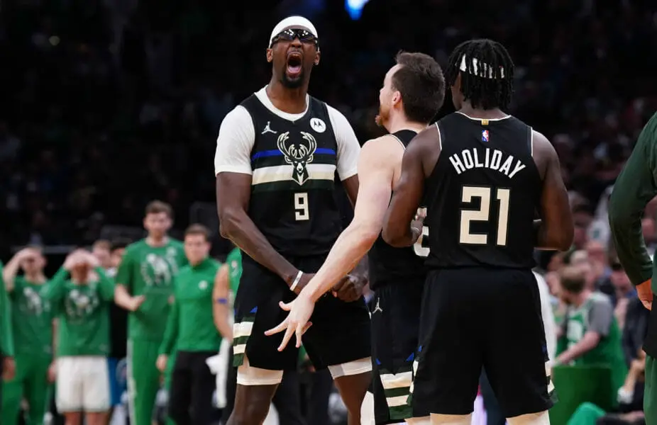 May 11, 2022; Boston, Massachusetts, USA; Milwaukee Bucks center Bobby Portis (9) reacts after a play against the Boston Celtics in the second half during game five of the second round for the 2022 NBA playoffs at TD Garden. Mandatory Credit: David Butler II-USA TODAY Sports