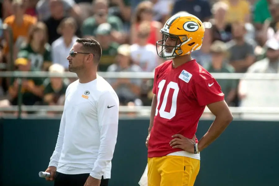 Green Bay Packers head coach Matt LaFleur and quarterback Jordan Love (10) participate in Packers training camp on Wednesday, July 27, 2022, at Ray Nitschke Field in Ashwaubenon, Wisconsin. Samantha Madar/USA TODAY NETWORK-Wis Gpg Green Bay Packers Training Camp Day 1 07272022 0007 (NFL News)