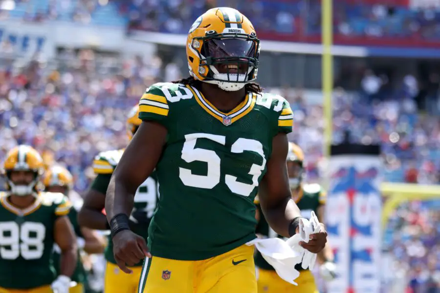 ORCHARD PARK, NEW YORK - AUGUST 28: Jonathan Garvin #53 of the Green Bay Packers runs on the field prior to a game against the Buffalo Bills at Highmark Stadium on August 28, 2021 in Orchard Park, New York. (Photo by Bryan Bennett/Getty Images) Green Bay Packers - NFL