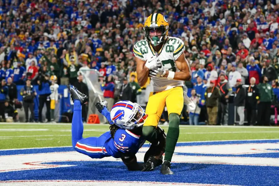 Oct 30, 2022; Orchard Park, New York, USA; Green Bay Packers wide receiver Samori Toure (83) makes a catch for a touchdown with Buffalo Bills safety Damar Hamlin (3) defending during the second half at Highmark Stadium. Mandatory Credit: Gregory Fisher-USA TODAY Sports