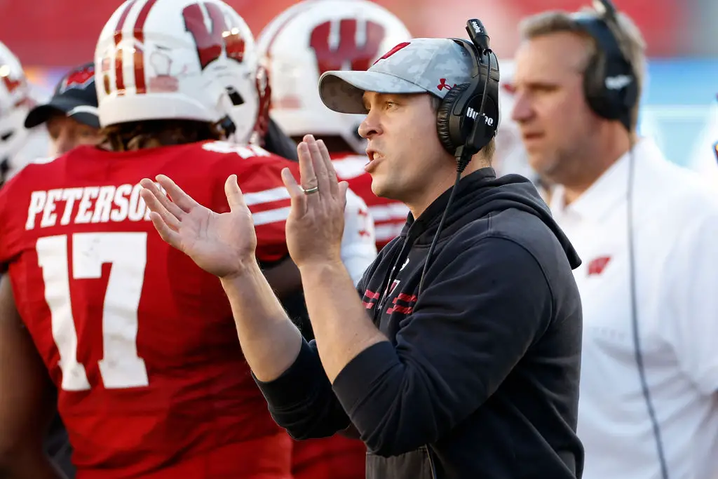 MADISON, WISCONSIN - OCTOBER 22: Head coach Jim Leonhard of the Wisconsin Badgers looks on during the game against the Purdue Boilermakers at Camp Randall Stadium on October 22, 2022 in Madison, Wisconsin. (Photo by John Fisher/Getty Images) (Wisconsin Football)