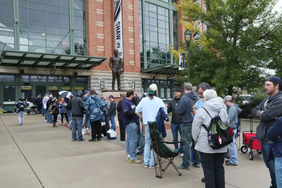Milwaukee Brewers fans wait for single-game ticket sales to begin for the 2021 season