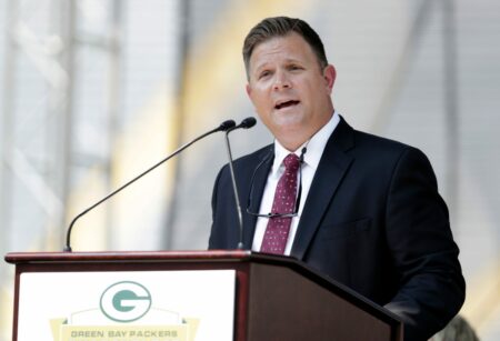 Green Bay Packers general manager Brian Gutekunst speaks at the annual shareholders meeting on July 26, 2021, at Lambeau Field in Green Bay, Wis.