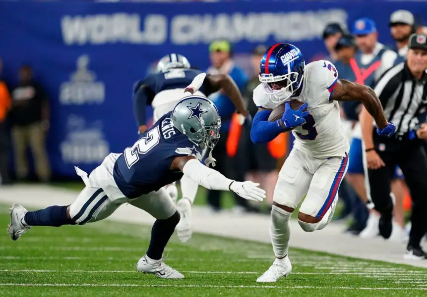 New York Giants wide receiver Sterling Shepard (3) runs with pressure from Dallas Cowboys cornerback Jourdan Lewis (2) in the second half. The Giants fall to the Cowboys, 23-16, at MetLife Stadium on Monday, Sept. 26, 2022. Nfl Ny Giants Vs Dallas Cowboys Cowboys At Giants (Indianapolis Colts)