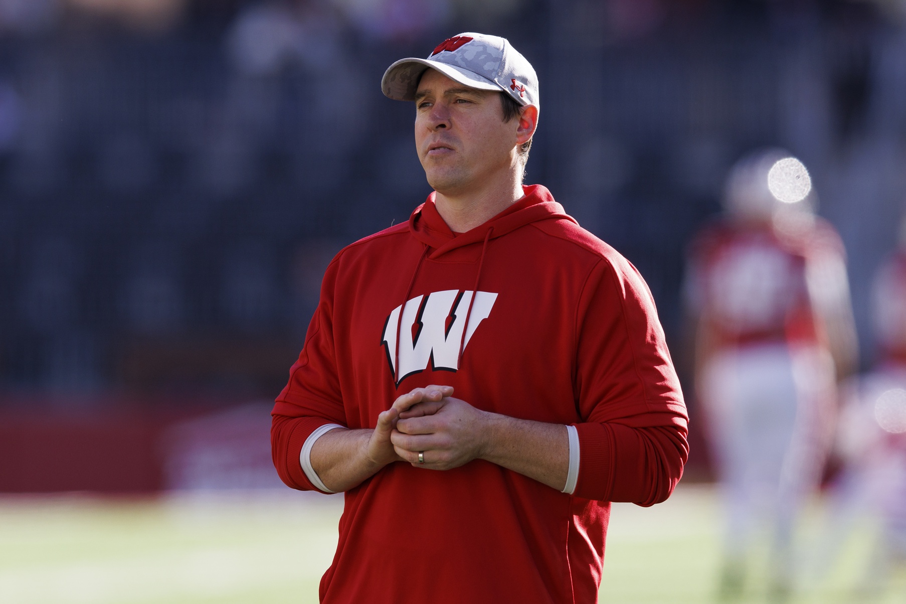 Nov 26, 2022; Madison, Wisconsin, USA; Wisconsin Badgers head coach Jim Leonhard prior to the game against the Minnesota Golden Gophers at Camp Randall Stadium. Mandatory Credit: Jeff Hanisch-USA TODAY Sports 