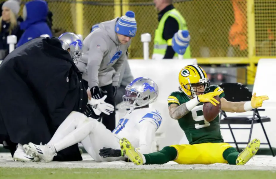 Green Bay Packers wide receiver Christian Watson (9) celebrates getting a first down reception against the Detroit Lions during their football game Sunday, Jan. 8, 2023, at Lambeau Field in Green Bay, Wis. Mjs Apc Packvsdetroit 0108230504djp