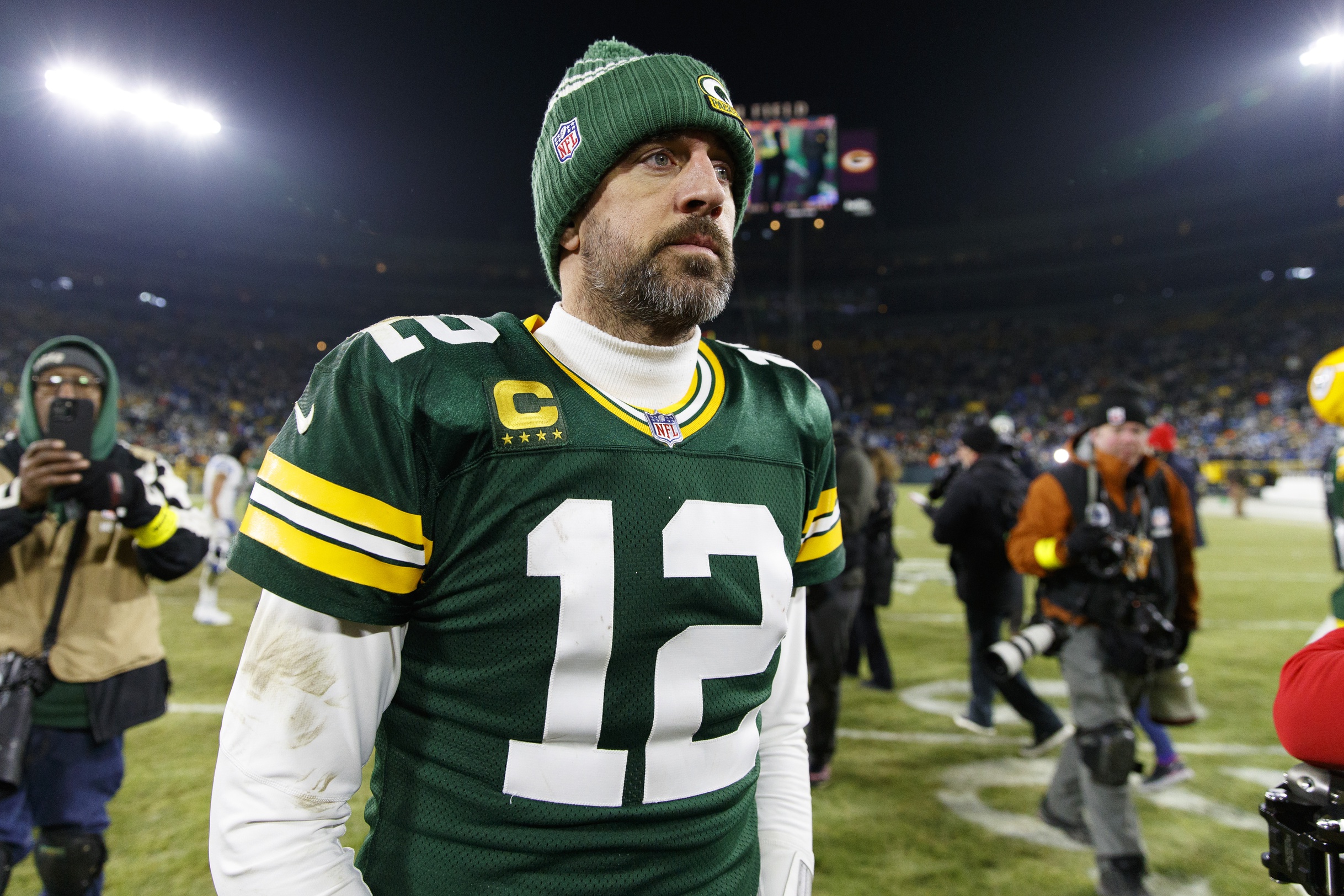 Green Bay Packers quarterback Aaron Rodgers walks off the field for what might be the last time