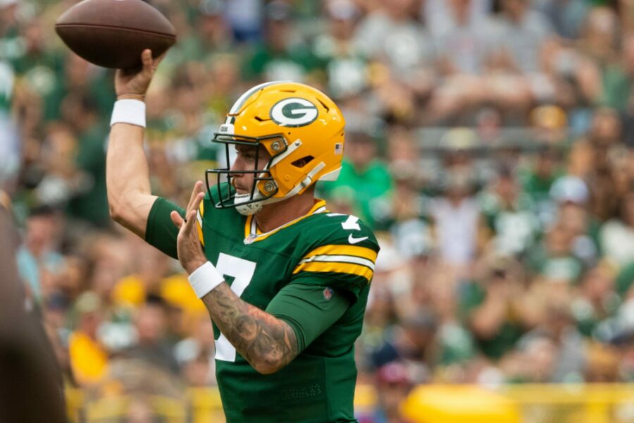 Green Bay Packers' Kurt Benkert (7) looks to pass in the first quarter against the New York Jets during their preseason football game on Saturday, August 21, 2021, at Lambeau Field in Green Bay, Wis. Samantha Madar/USA TODAY NETWORK-Wisconsin