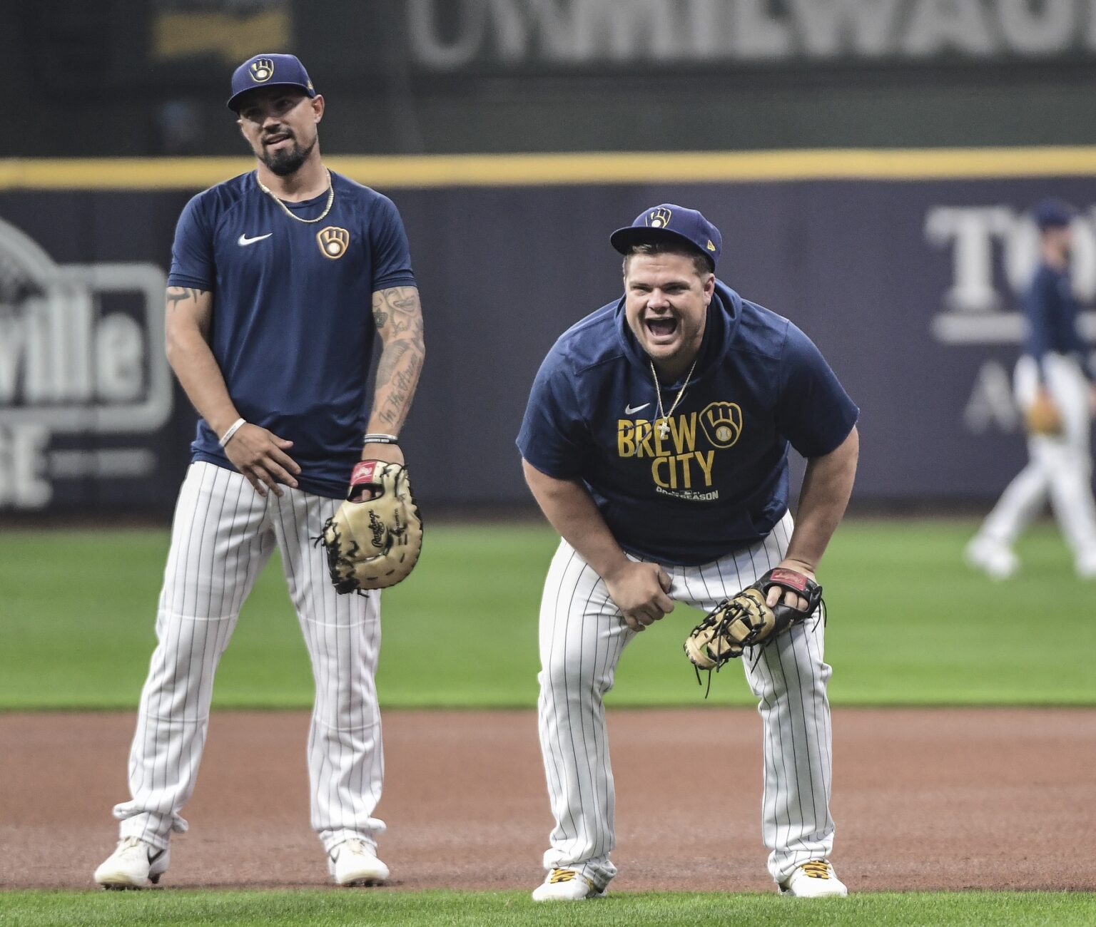 Daniel Vogelbach laughing as a Milwaukee Brewer