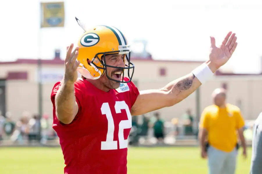 Green Bay Packers quarterback Aaron Rodgers having fun during the 2022 training camp. © Samantha Madar / USA TODAY NETWORK