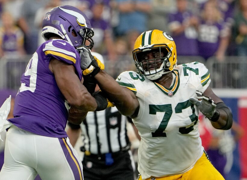 Green Bay Packers offensive tackle Yosh Nijman (73) blocks Minnesota Vikings linebacker Danielle Hunter (99) during the fourth quarter of their game Sept. 11. Mjs Packers11 12 Jpg Packers11 (NFL News)