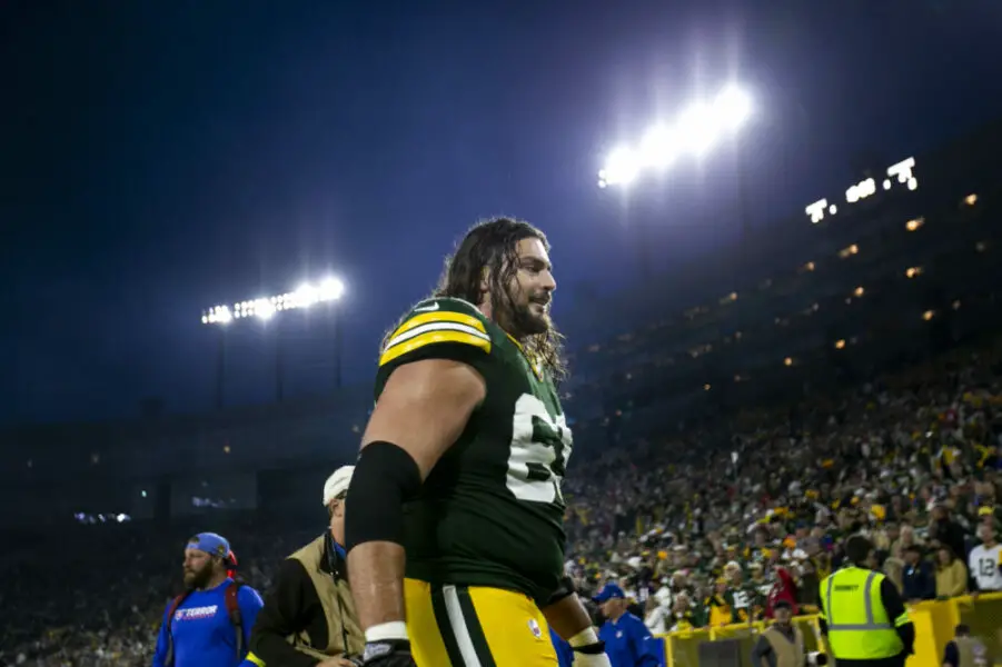 Oct 2, 2022; Green Bay, Wisconsin, USA; Green Bay Packers offensive tackle David Bakhtiari (69) walks off the field after defeating the New England Patriots in overtime at Lambeau Field. Mandatory Credit: Samantha Madar/Green Bay Press Gazette-USA TODAY NETWORK-Wisconsin