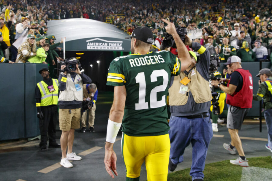 Oct 2, 2022; Green Bay, Wisconsin, USA; Green Bay Packers quarterback Aaron Rodgers (12) following the game against the New England Patriots at Lambeau Field. Mandatory Credit: Jeff Hanisch-USA TODAY Sports