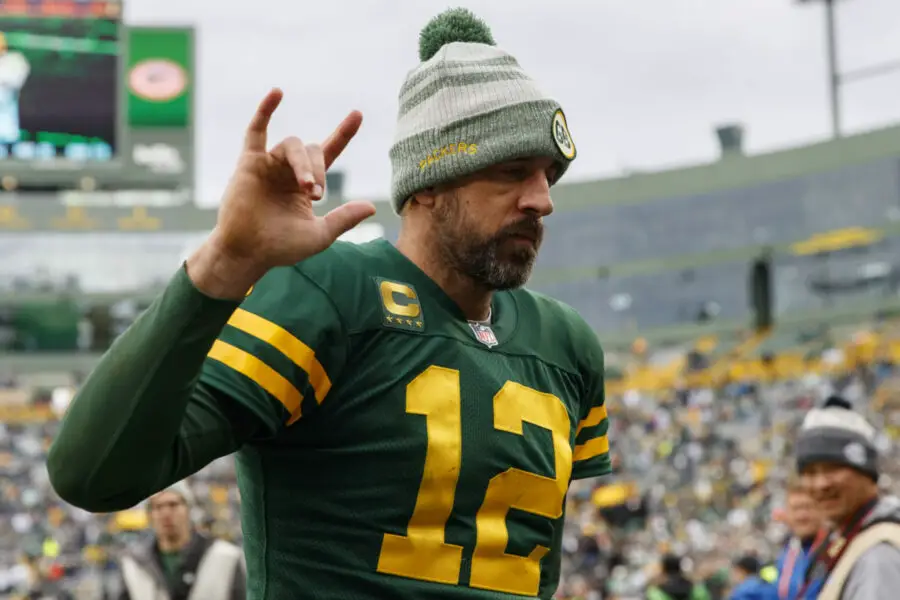 Oct 16, 2022; Green Bay, Wisconsin, USA; Green Bay Packers quarterback Aaron Rodgers (12) walks off the field following the game against the New York Jets at Lambeau Field. Mandatory Credit: Jeff Hanisch-USA TODAY Sports