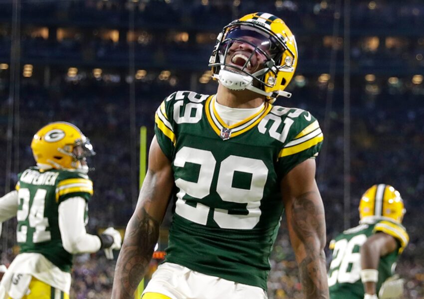 Green Bay Packers cornerback Rasul Douglas (29) celebrates a defensive stop against the Minnesota Vikings during their football game on Sunday, January, 1, 2023 at Lambeau Field in Green Bay, Wis. Wm. Glasheen USA TODAY NETWORK-Wisconsin Apc Packers Vs Vikings 1579 010123 Wag (NFL)