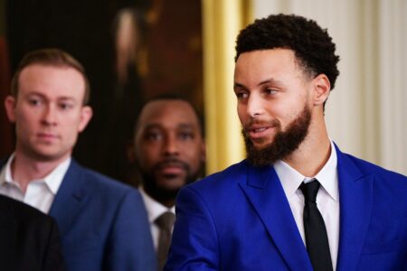 Jan 17, 2023; Washington, DC, USA; Steph Curry as President Joe Biden welcomes the Golden State Warriors to the East Room of the White House to celebrate their 2022 NBA championship at The White House. Mandatory Credit: Josh Morgan-USA TODAY (NBA News)