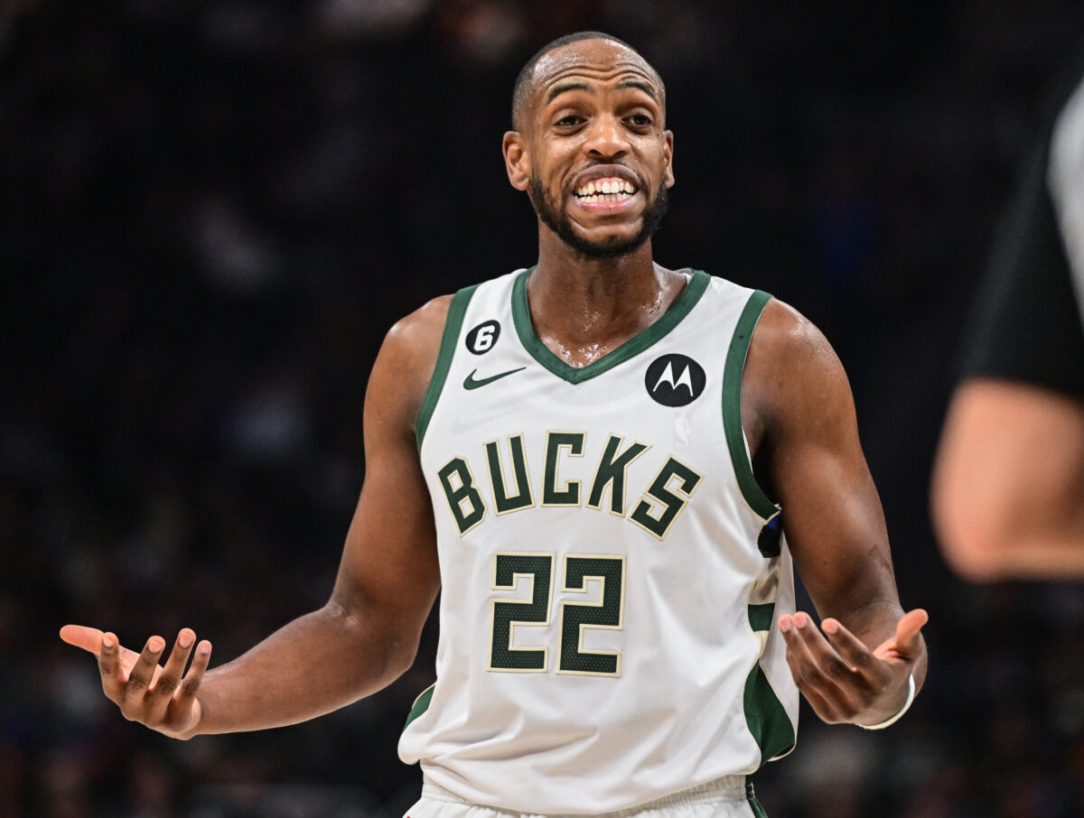 Jan 29, 2023; Milwaukee, Wisconsin, USA; Milwaukee Bucks forward Khris Middleton (22) reacts in the second quarter during game against the New Orleans Pelicans at Fiserv Forum. Mandatory Credit: Benny Sieu-USA TODAY Sports (NBA News)