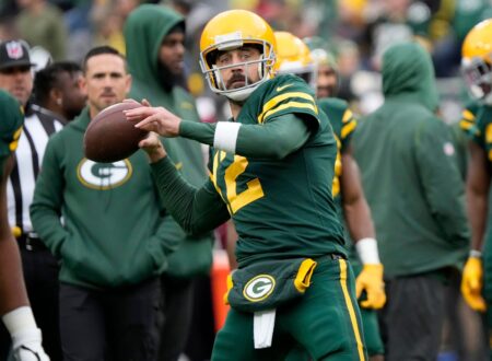 Green Bay Packers quarterback Aaron Rodgers playing against the New York Jets