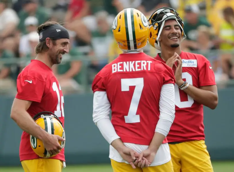 Green Bay Packers quarterbacks Kurt Benkert Aaron Rodgers and Jordan Love