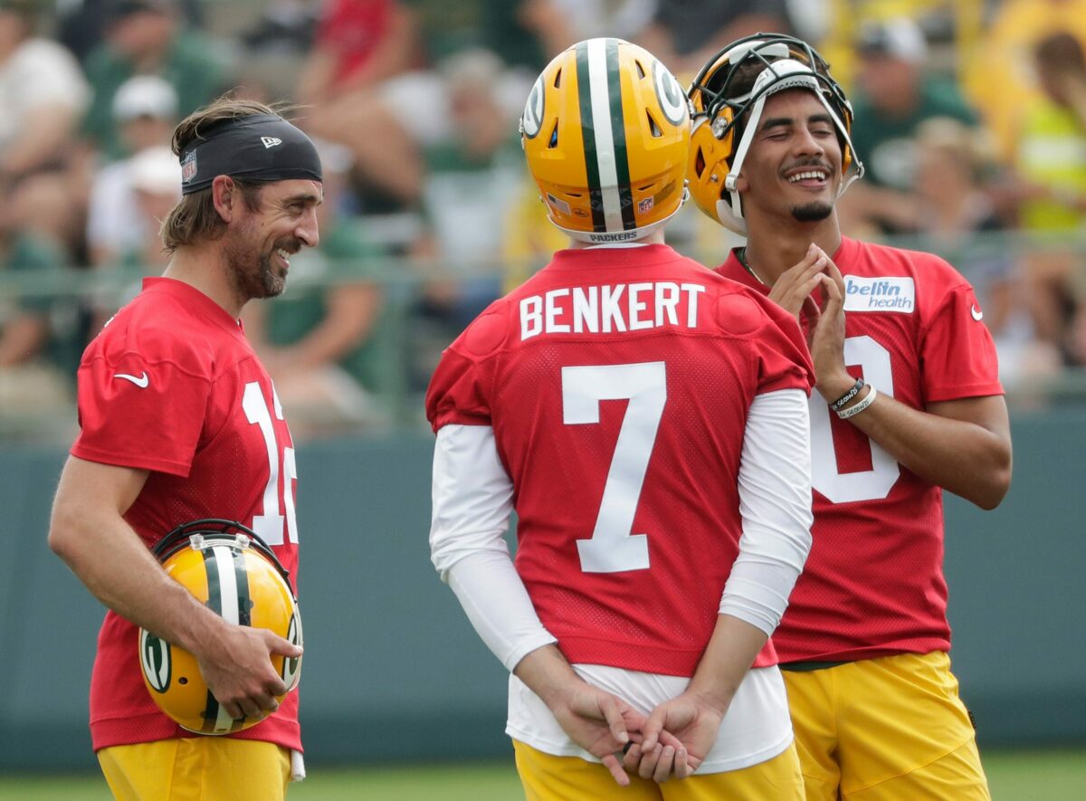 Green Bay Packers' quarterback Kurt Benkert (7) and running back