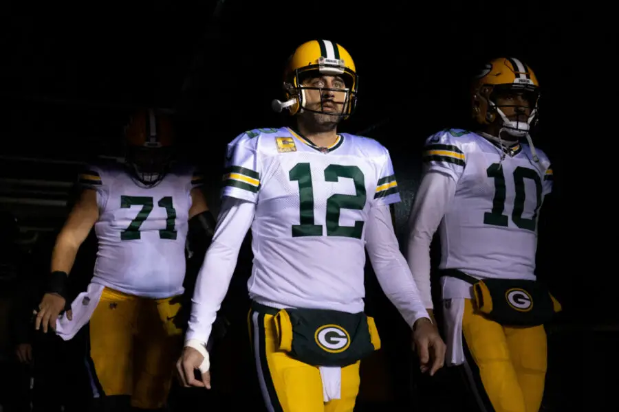 Nov 27, 2022; Philadelphia, Pennsylvania, USA; Green Bay Packers quarterback Aaron Rodgers (12) and quarterback Jordan Love (10) lead their team out of the tunnel before action Philadelphia Eagles at Lincoln Financial Field. Mandatory Credit: Bill Streicher-USA TODAY Sports