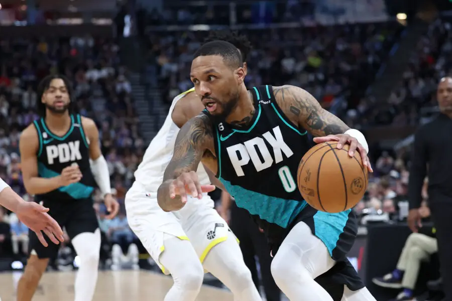 Mar 22, 2023; Salt Lake City, Utah, USA; Portland Trail Blazers guard Damian Lillard (0) goes to the basket against the Utah Jazz in the second quarter at Vivint Arena. Mandatory Credit: Rob Gray-USA TODAY Sports (NBA Rumors)