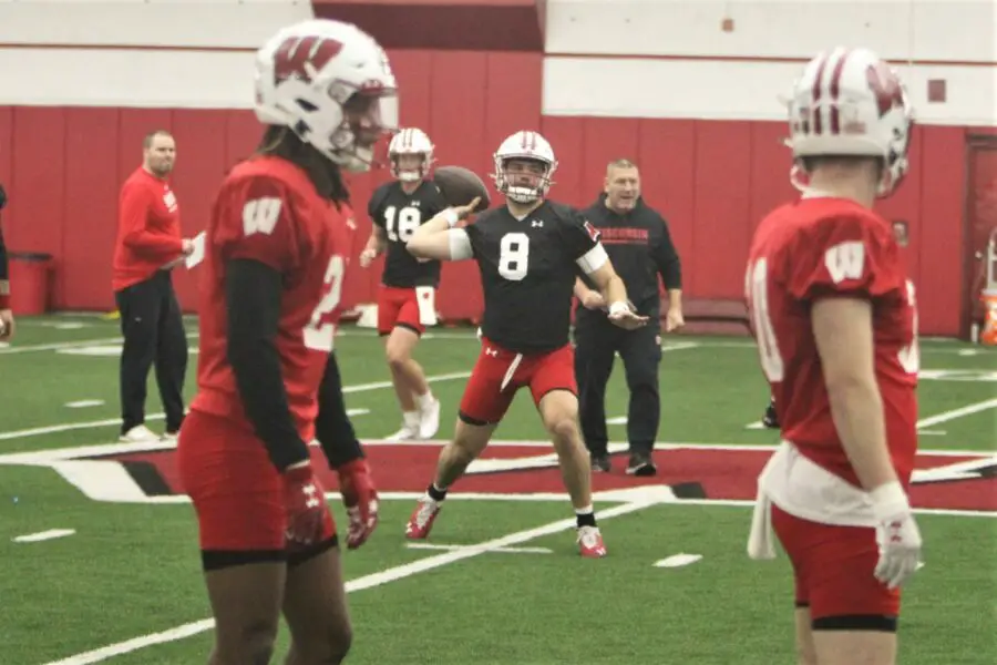 Wisconsin quarterback Tanner Mordecai throws a pass during first spring football practice of the season on Saturday March 25, 2023 at the McClain Center in Madison, Wis. Uw Football Spring Practice 9 March 25 2023