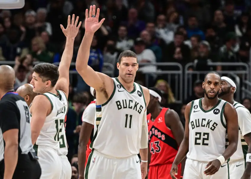 Mar 19, 2023; Milwaukee, Wisconsin, USA; Milwaukee Bucks center Brook Lopez (11) reacts after scoring a basket in the fourth quarter during game against the Toronto Raptors at Fiserv Forum. Mandatory Credit: Benny Sieu-USA TODAY Sports (NBA Rumors)