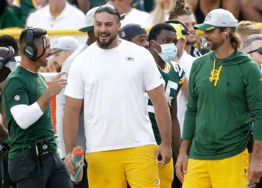 Green Bay Packers quarterback Aaron Rodgers (12), offensive tackle David Bakhtiari (69) and head coach Matt LeFleur against the New York Jets during their preseason football game on Saturday, August 21, 2021, at Lambeau Field in Green Bay, Wis. Wm. Glasheen USA TODAY NETWORK-Wisconsin Apc Packers Vs Jets 1027 082121wag