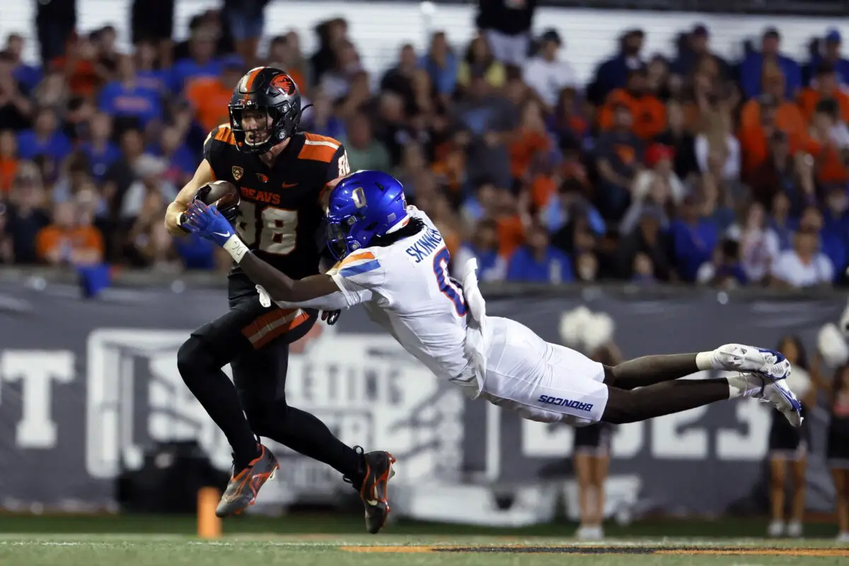 Sep 3, 2022; Corvallis, Oregon, USA; Oregon State Beavers tight end Luke Musgrave (88) is tackled by Boise State Broncos safety JL Skinner (0) during the second half at Reser Stadium. Mandatory Credit: Soobum Im-USA TODAY Sports