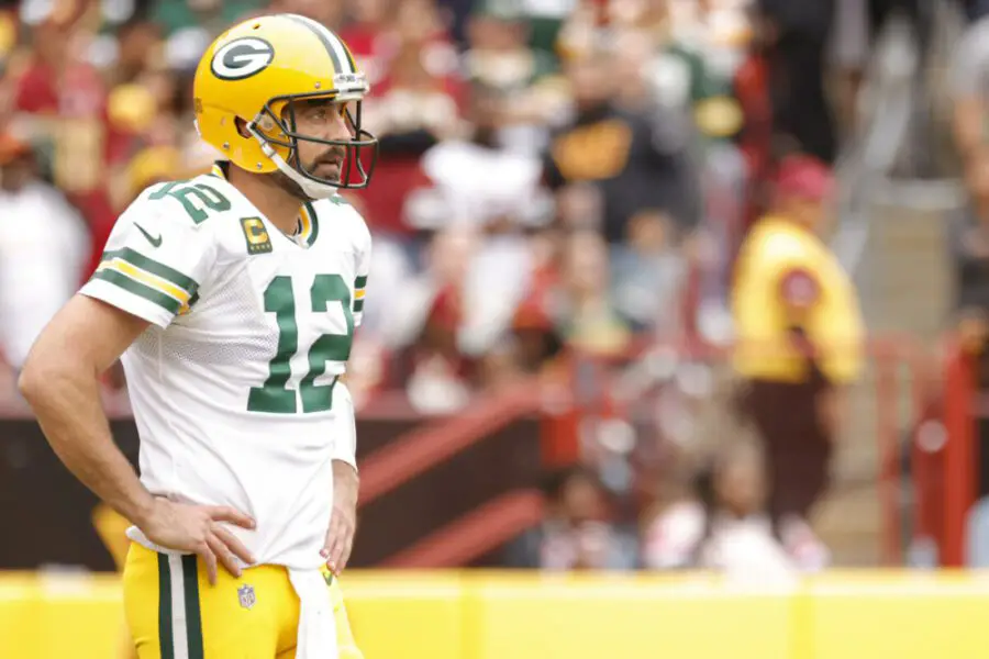 Oct 23, 2022; Landover, Maryland, USA; Green Bay Packers quarterback Aaron Rodgers (12) reacts after an incomplete pass against the Washington Commanders during the second quarter at FedExField. Mandatory Credit: Geoff Burke-USA TODAY Sports - New York Jets