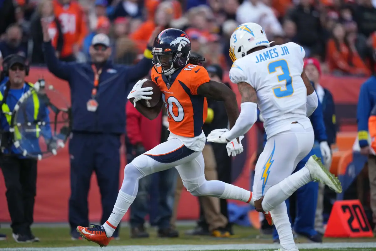 Jan 8, 2023; Denver, Colorado, USA; Los Angeles Chargers safety Derwin James Jr. (3) chases Denver Broncos wide receiver Jerry Jeudy (10) in the first quarter at Empower Field at Mile High. Mandatory Credit: Ron Chenoy-USA TODAY Sports (NFL - Green Bay Packers)