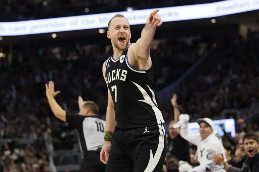 Apr 19, 2023; Milwaukee, Wisconsin, USA; Milwaukee Bucks forward Joe Ingles (7) reacts after scoring a basket during the third quarter against the Miami Heat during game two of the 2023 NBA Playoffs at Fiserv Forum. Mandatory Credit: Jeff Hanisch-USA TODAY Sports NBA Rumors