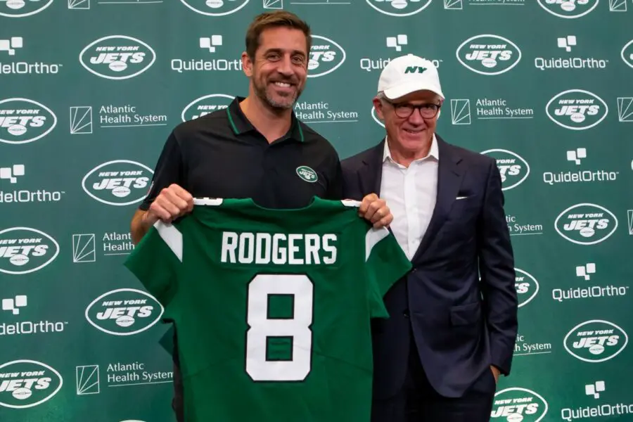 Apr 26, 2023; Florham Park, NJ, USA; New York Jets quarterback Aaron Rodgers (left) and owner Woody Johnson pose for a photo during the introductory press conference at Atlantic Health Jets Training Center. Mandatory Credit: Tom Horak-USA TODAY Sports