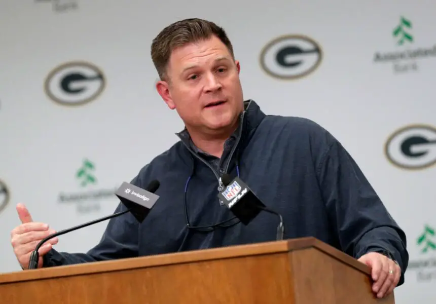 Green Bay Packers general manager Brian Gutekunst speaks to media after trading quarterback Aaron Rodgers to the New York Jets on April 25, 2023, at Lambeau Field in Green Bay, Wis. Gpg Gutekunstpresser 042623 Sk26