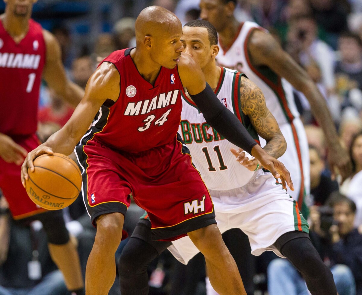 Apr 28, 2013; Milwaukee, WI, USA; Miami Heat guard Ray Allen (34) during game four of the first round of the 2013 NBA playoffs against the Milwaukee Bucks at the BMO Harris Bradley Center. Miami won 88-77. Mandatory Credit: Jeff Hanisch-USA TODAY Sports (NBA News)