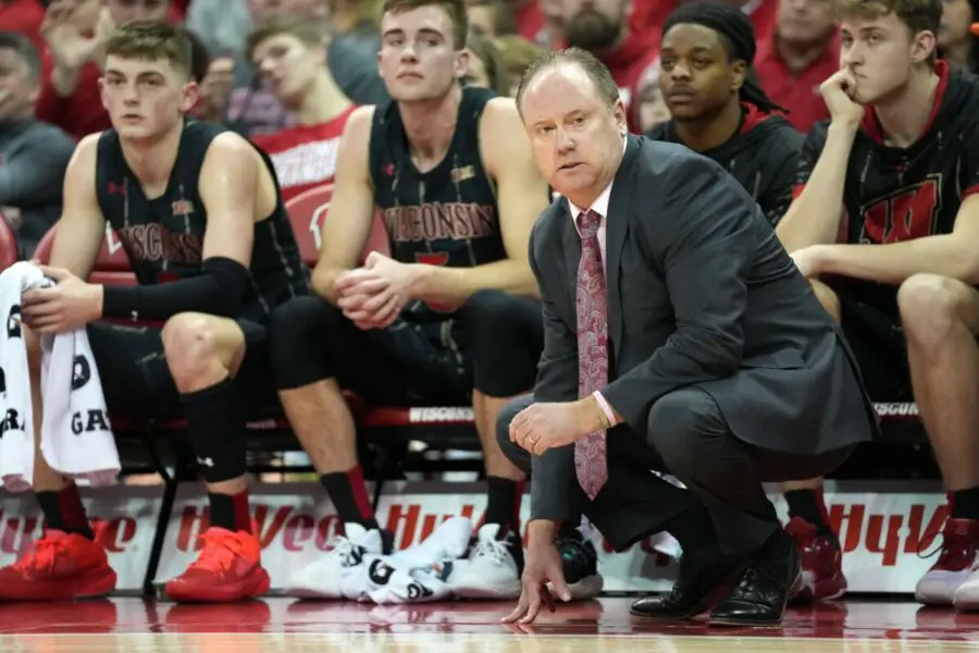Feb 5, 2023; Madison, Wisconsin, USA; Wisconsin Badgers head coach Greg Gard looks on during the first half against the Northwestern Wildcats at the Kohl Center. Mandatory Credit: Kayla Wolf-USA TODAY Sports